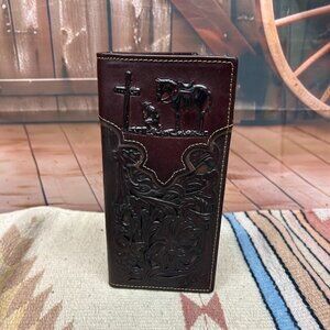 Praying Cowboy Design Leather Wallet With Brown Laser Cut Inlay